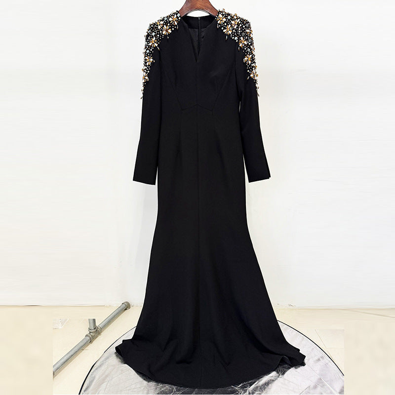 Heavy Industry Beads Diamond Front Slit Small Trailing Dress