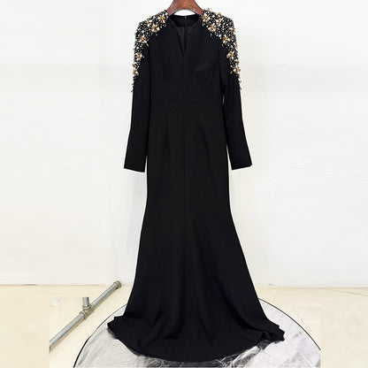 Heavy Industry Beads Diamond Front Slit Small Trailing Dress