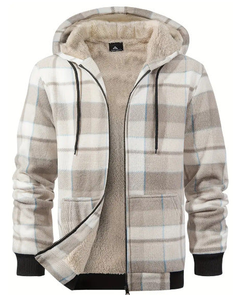 Thick Cotton Coat With Plaid Pattern Long Sleeves Loose Fit And Hood